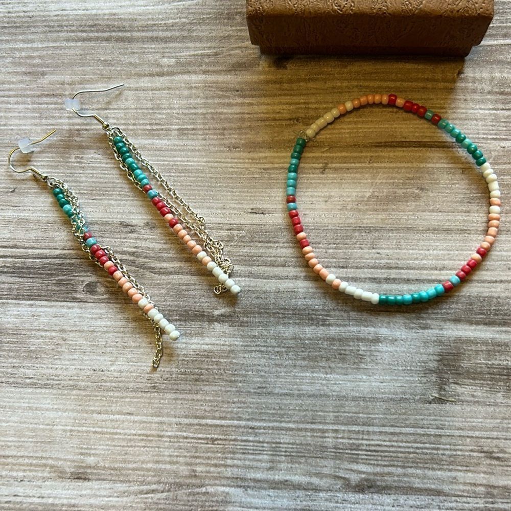 Delicate seed bead drop earrings and matching bracelet